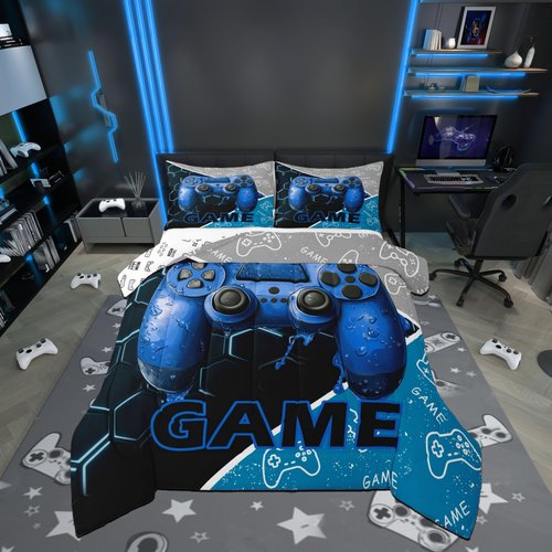 Gaming Boys Kids Comforter Set Queen Size,Blue Video Game Consoles Gamepad Reversible Bedding Set for Adult,Geometric Honeycomb Gamer Room Decor Luxury Bed Duvet Insert, 2 Pillowcases