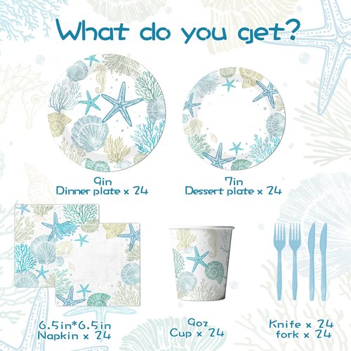 Ocean Seashell Beach Plates and Napkin Coastal Beach Party Supplies Blue Starfish Seashell Coral Themed Disposable Tableware Cups Forks for Kids Summer Birthday Party Decorations, Serves 24