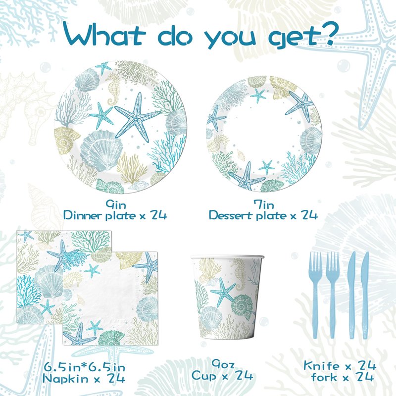 Ocean Seashell Beach Plates and Napkin Coastal Beach Party Supplies Blue Starfish Seashell Coral Themed Disposable Tableware Cups Forks for Kids Summer Birthday Party Decorations, Serves 24