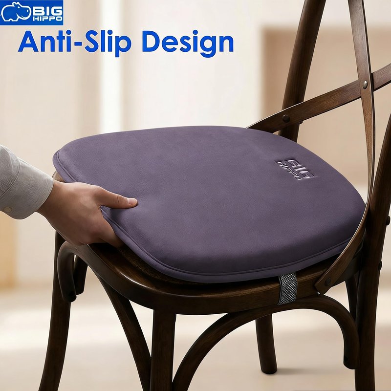 Big Hippo Memory Foam Chair Cushion for Dining & Office Chairs – Extra Thick Seat Pad with Non-Slip Back & Adjustable Straps, Fully Washable, Pressure Relief for Tailbone & Sciatica Pain (Grey, 1 Pc)