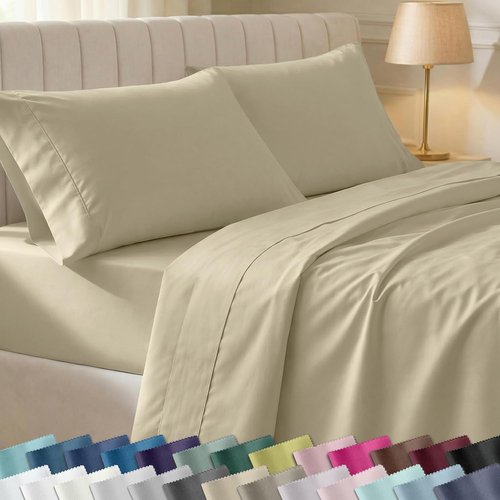 California Design Den Queen Size Bed Sheets Set - 100% Cotton, 400 TC, Silky Smooth Sateen, Deep Pockets - Beige