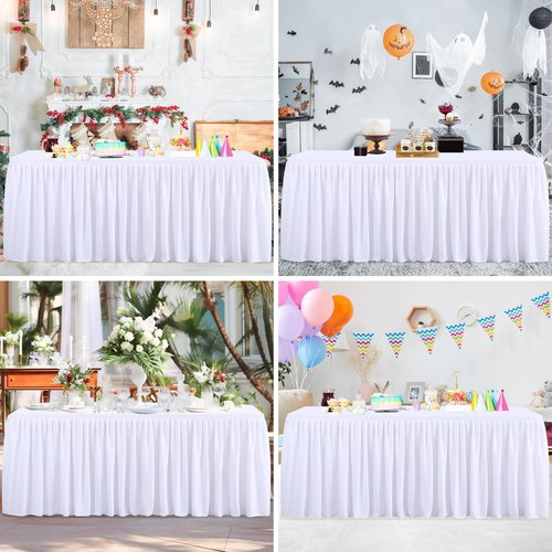 PARTISKY 1 Pack White Tablecloths for Rectangle Tables 4ft, Wrinkle Resistant White Table Cover Fitted Stretch Table Cloth with Pleated Ruffle Skirts for Party Banquet Dining Birthday Wedding