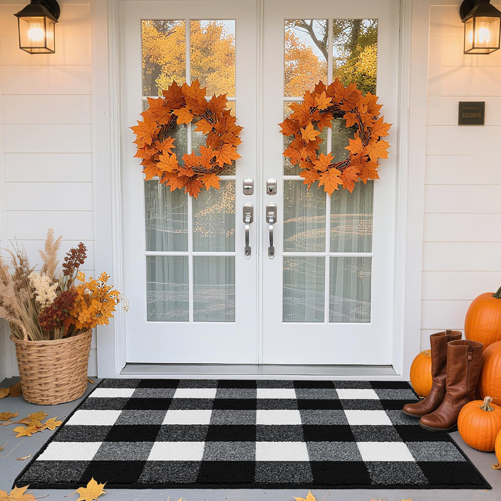 REFETONE Buffalo Plaid Rug 36"x59", Black and White Checkered Rug Rubber Backing Non-Slip Indoor Outdoor Rugs for Layered Door Mats, Washable Absorbent Carpet for Front Porch Farmhouse Entryway
