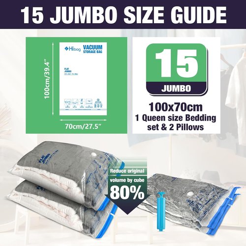 HIBAG 15 Jumbo Vacuum Seal Bags - Ideal for Clothing, Comforters & Bedding Storage (15J)