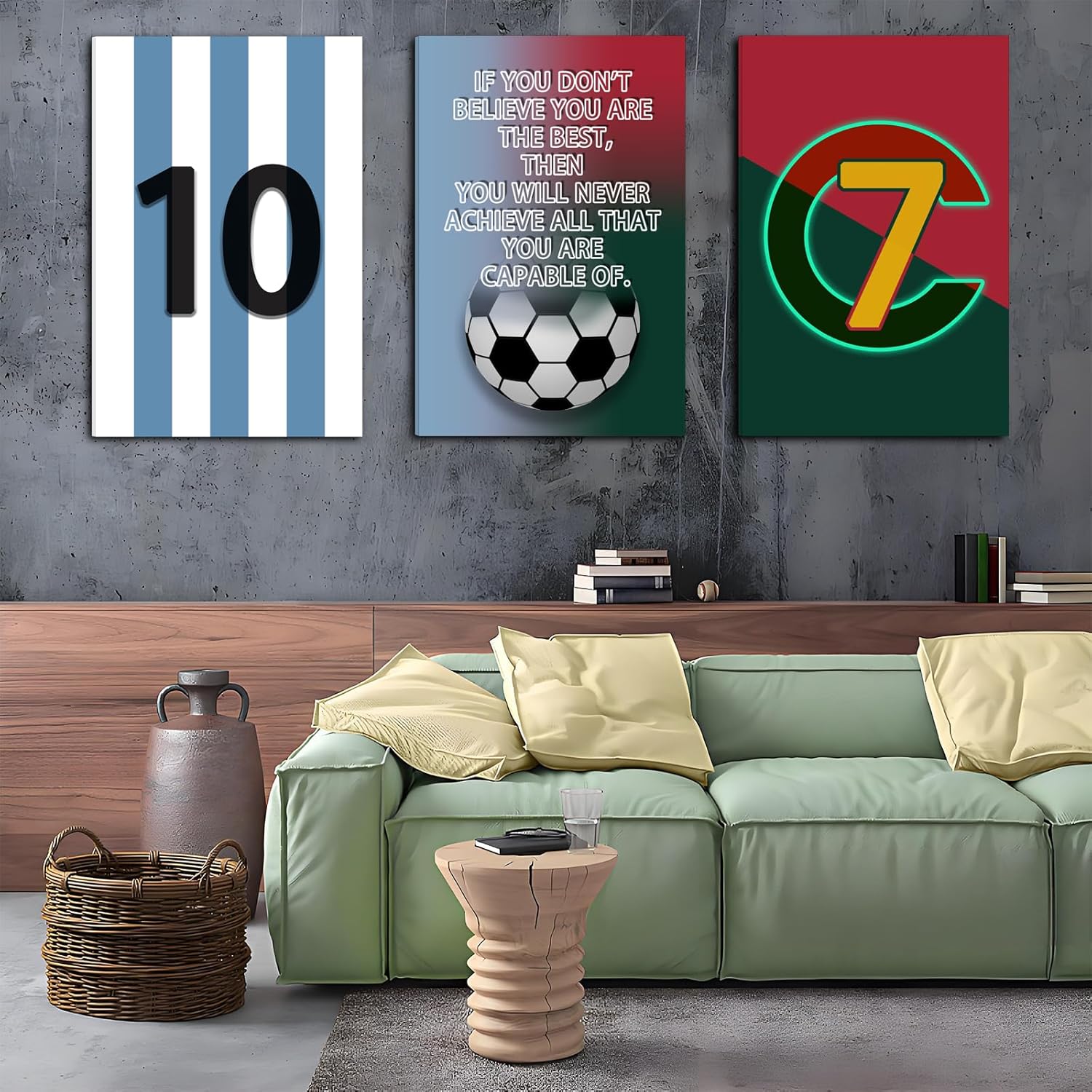 Pormipone Football Wall Art - 3 Pcs Soccer Canvas Posters for Boys Room | 16x24 in Inspirational Decor