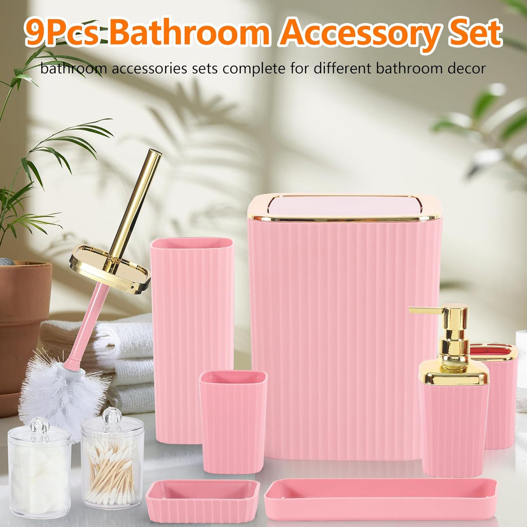 Skiennix 9-Piece Pink Bathroom Accessory Set - Stylish Trash Can, Toothbrush Holder & More