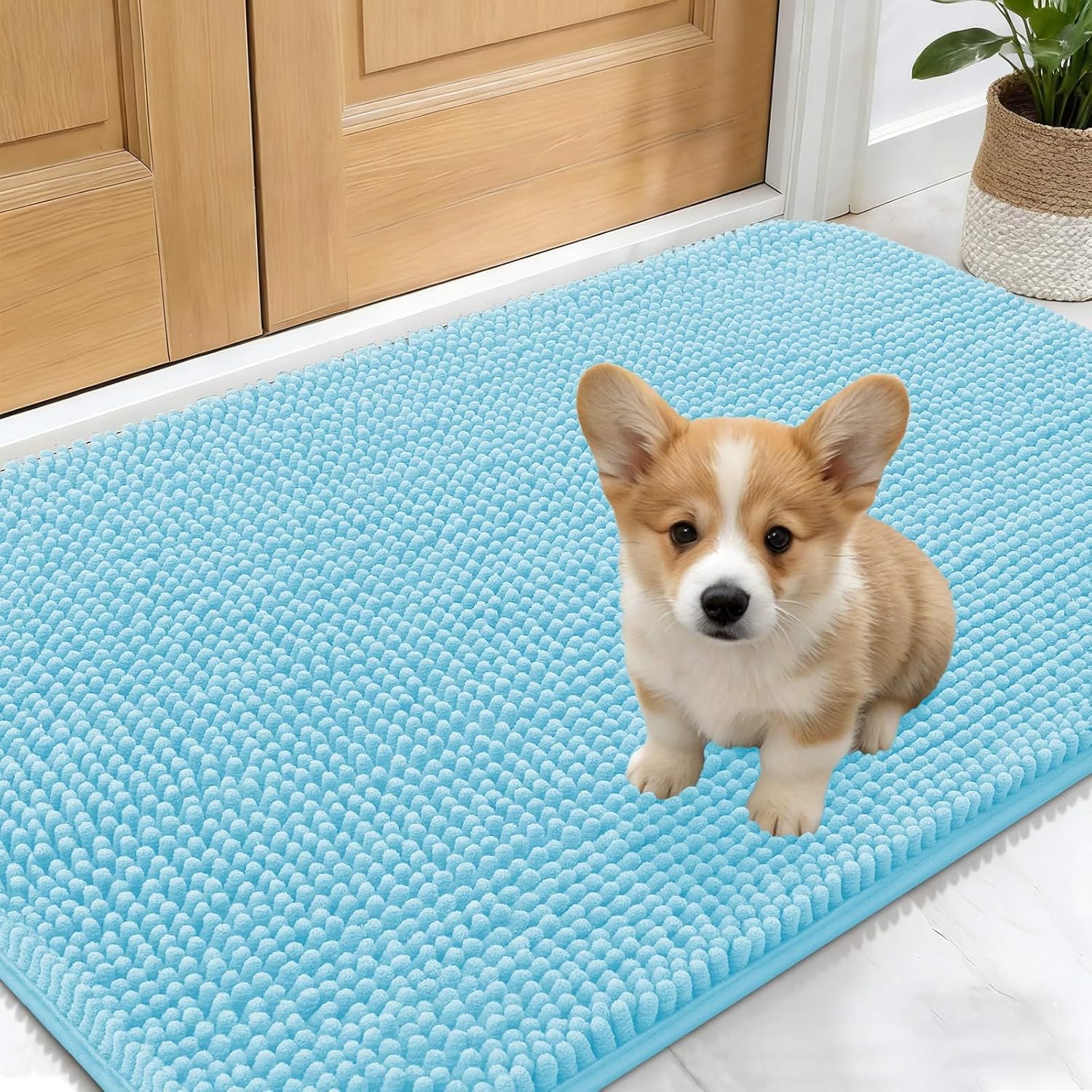 OLANLY Dog Door Mat - Absorbent Non-Slip Mud Mat for Dogs | Quick Dry Chenille, 30x17, Blue