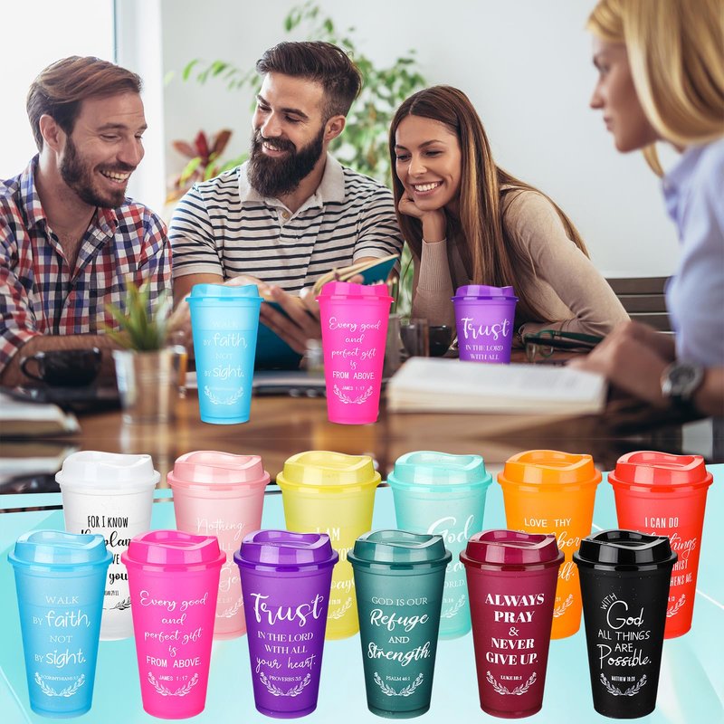 Skylety 72 Pcs Christian Tumblers Gifts for Mothers Day Bulk for Church Religious Plastic Coffee Cups with Lids and Straw Women Coworkers Employees 16 oz Bible Verse Mugs (Multicolor)