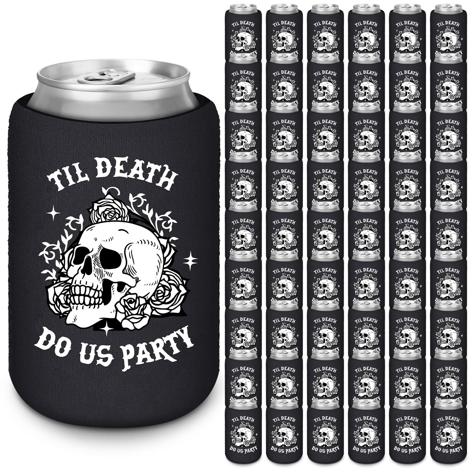 Suttmin 100 Pcs Till Death Beverage Sleeves Till Death Do Us Party Can Coolie Holder Bachelorette Can Sleeves for Gothic Halloween Bridal Shower Rock Roll Party Supplies