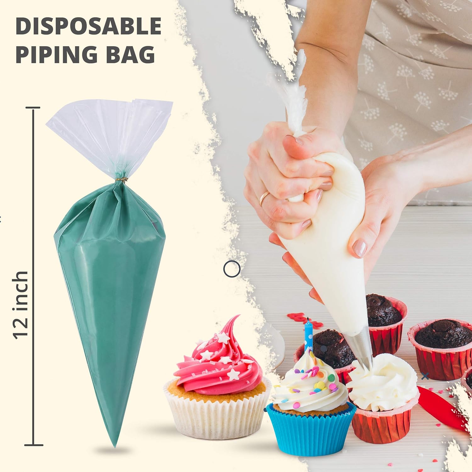 Riccle Disposable Piping Bags - 12 Inch Anti-Burst Pastry Bags for Icing & Decorating Cakes and Cookies