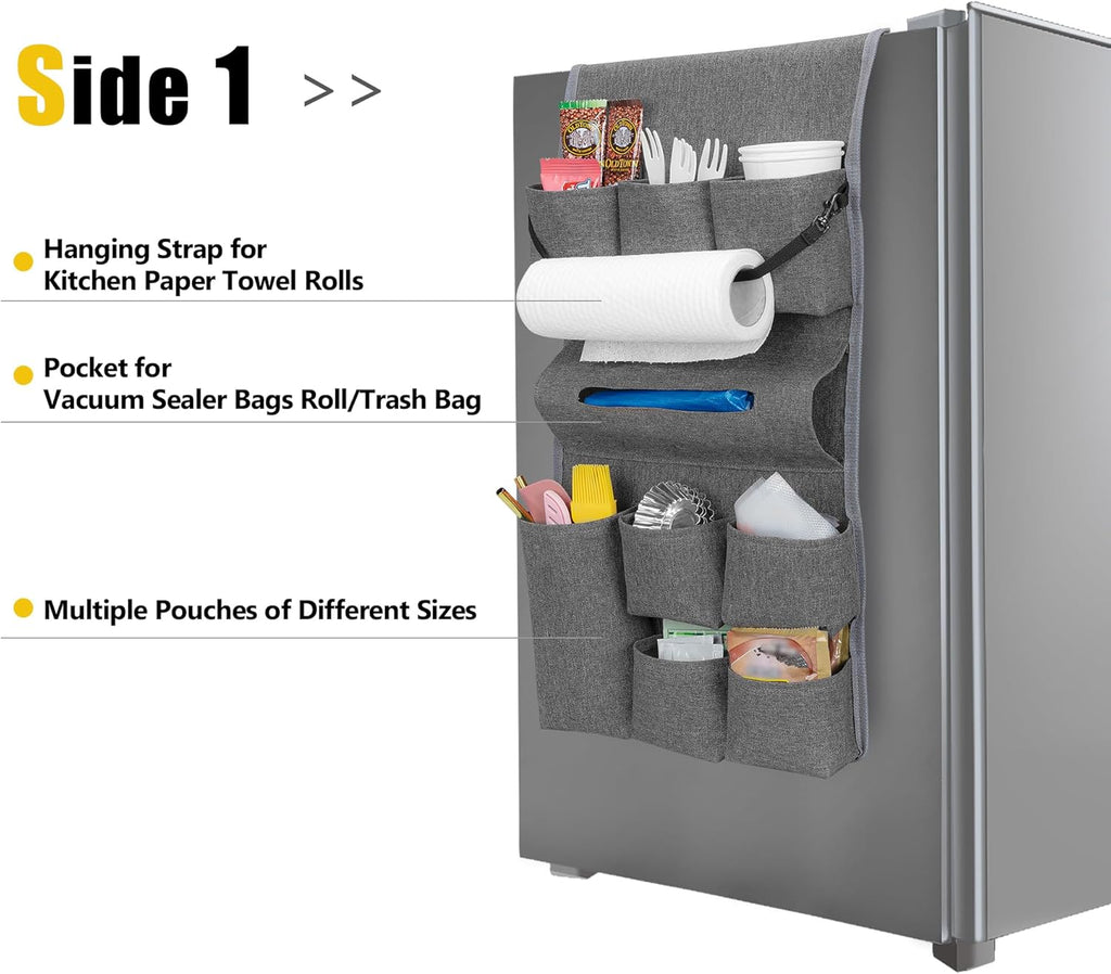 Rexmica Mini Fridge Organizer - 14-Pocket Dust Cover for Kitchen, Office & Dorm Storage | Gray