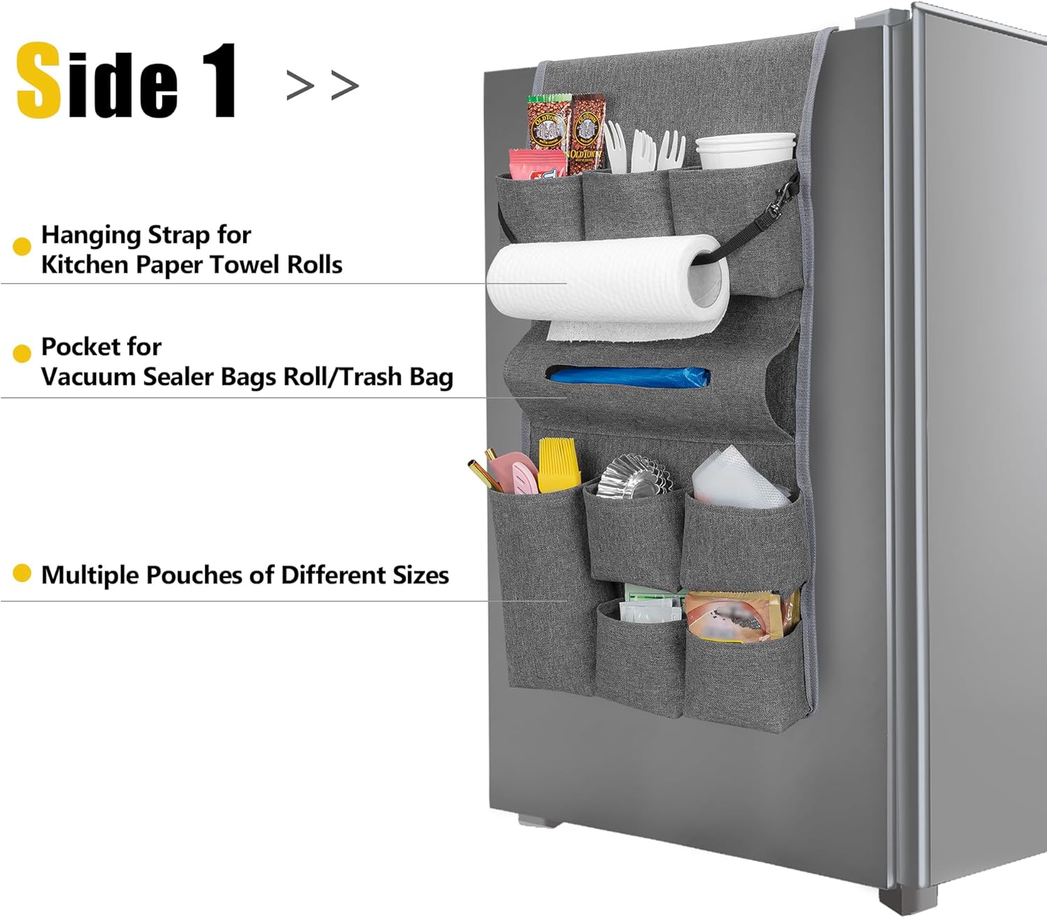 Rexmica Mini Fridge Organizer - 14-Pocket Dust Cover for Kitchen, Office & Dorm Storage | Gray