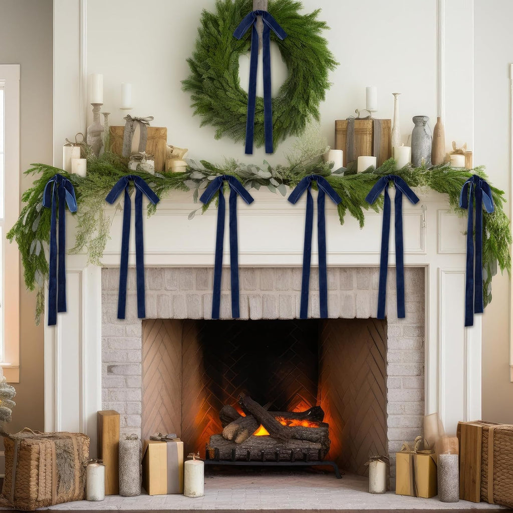 Skiennix 24 Pcs Velvet Bows - Vintage Ribbon Bows for Christmas Tree & Crafts | Navy Blue, 9 x 13 Inch