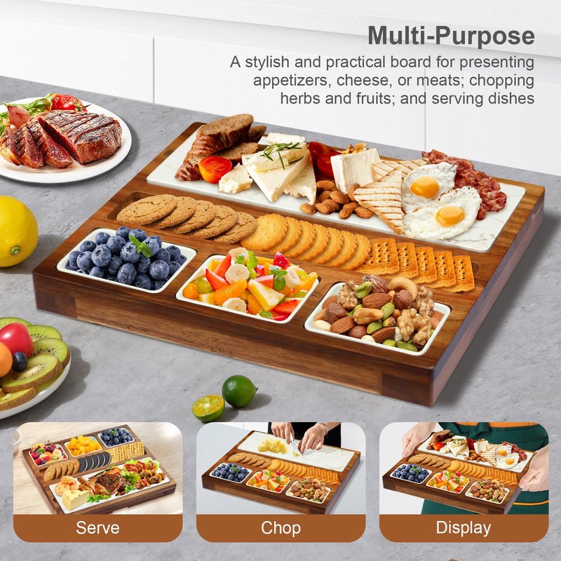 EUMUU Charcuterie Board Set Premium Large Acacia Wood Cheese Platter with Reusable Bowls, Cheese Knives and Forks - Housewarming, Wedding, Bridal Shower, Birthday Gifts