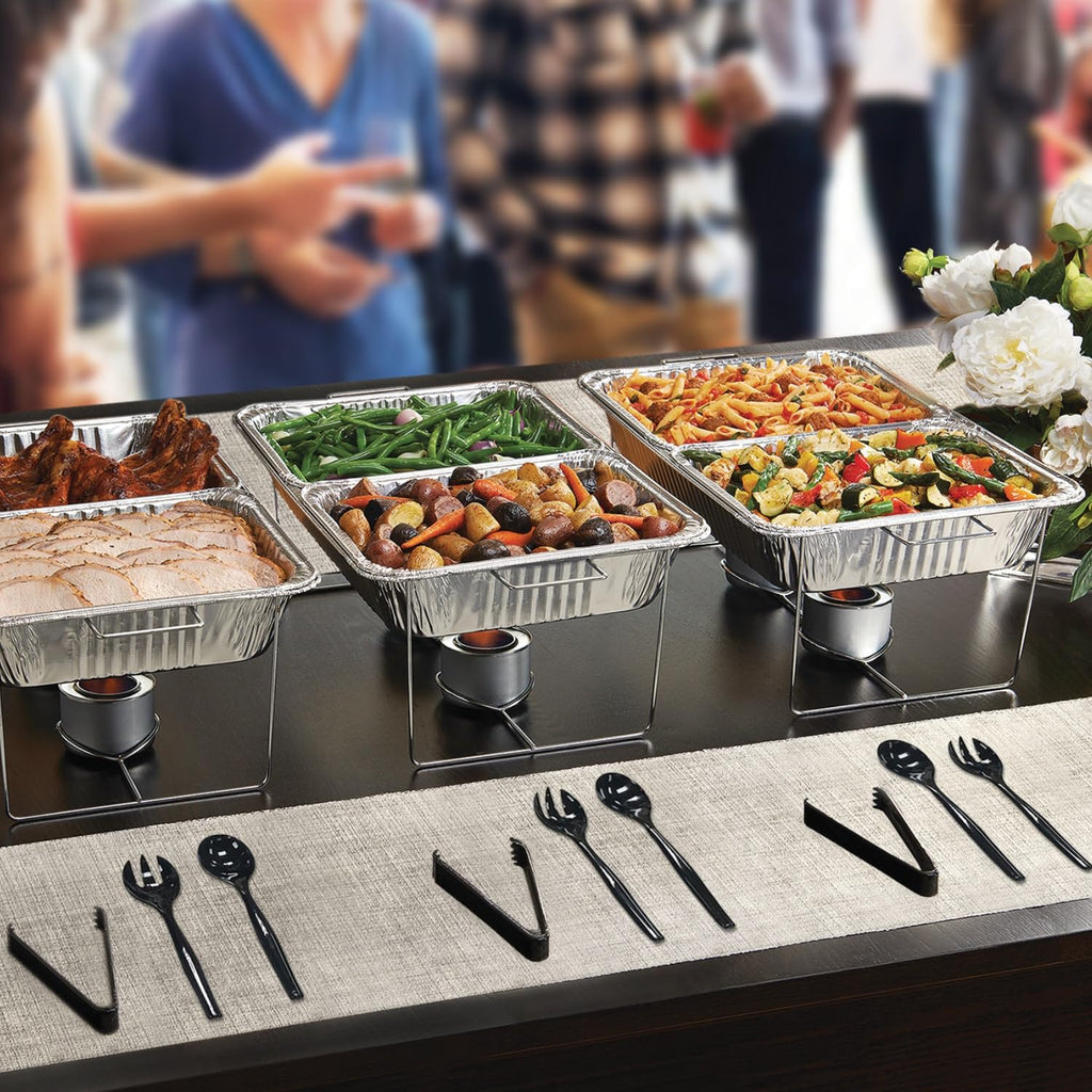 Party Essentials Disposable Heavy Duty Plastic Serving Utensils for Buffets Events Parties, 4-Sets of Spoons/Forks/Tongs, Black