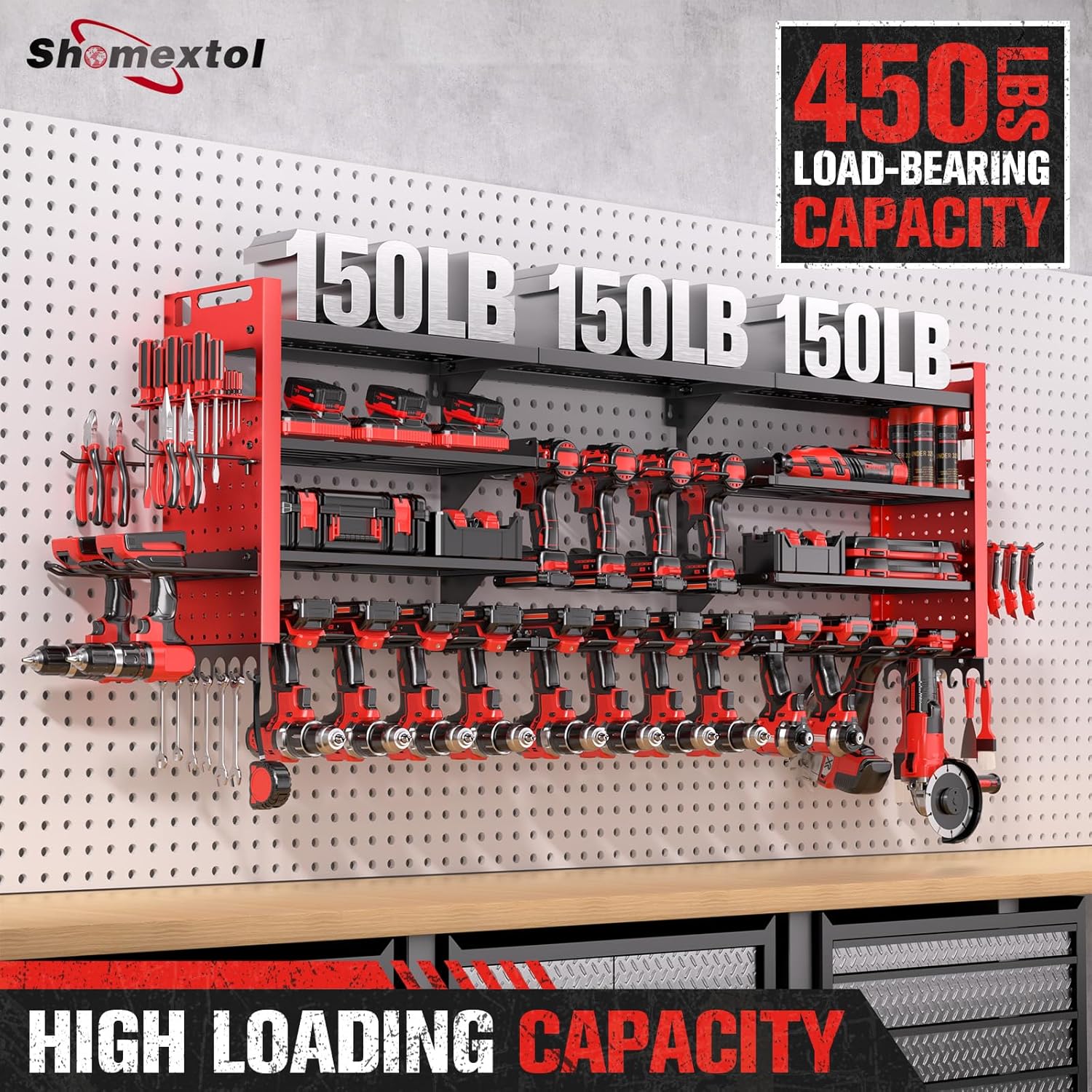 Super Large Power Tool Organizer - 4-Layer Heavy Duty Wall Mount with 18 Cordless Drill Holders | 600 lb Capacity (Red)