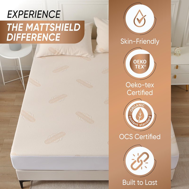 Deluxe Waterproof Organic Mattress Protector Queen Size - OCS Certified Organic Cotton, Breathable Mattress Pad Cover - Premium 280 GSM Comfort - Jersey Cotton Skirt - Deep Pocket Fitted Style
