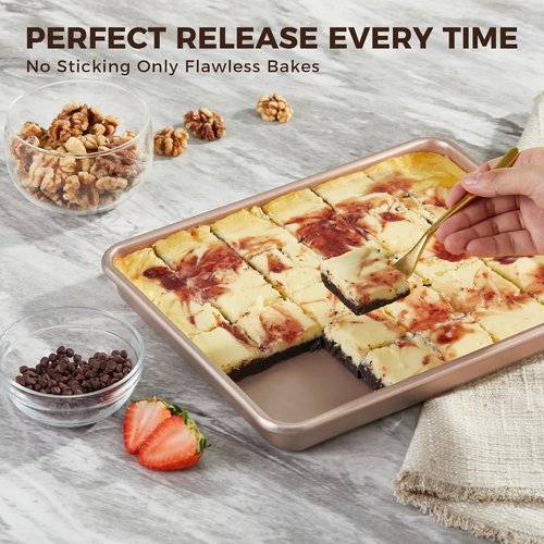 HONGBAKE Non-Stick Toaster Oven Pans - 11 x 9 Inch Heavy-Duty Baking Sheet Set | Easy to Clean, Gold Finish