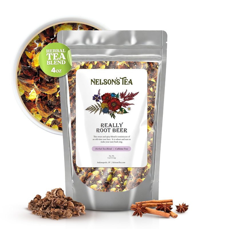 Nelson's Tea Really Root Beer - Cut & Sifted Sarsaparilla Root Tea Loose Leaf - Caffeine Free, Classic Herbal Blend with Burdock, Birch Bark, Dandelion, Licorice, Ginger and More (4 oz)