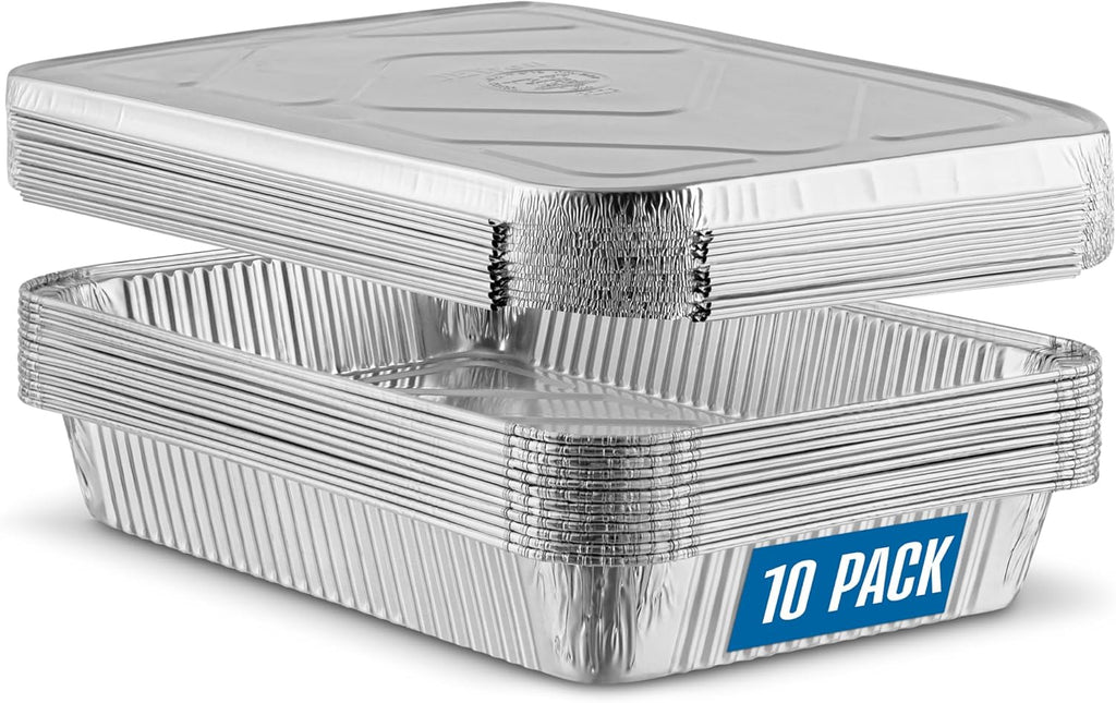 PlasticPro 12.5'' x 9'' Heavy-Duty Aluminum Disposable Pans - 10 Pack with Covers for Baking & Cooking