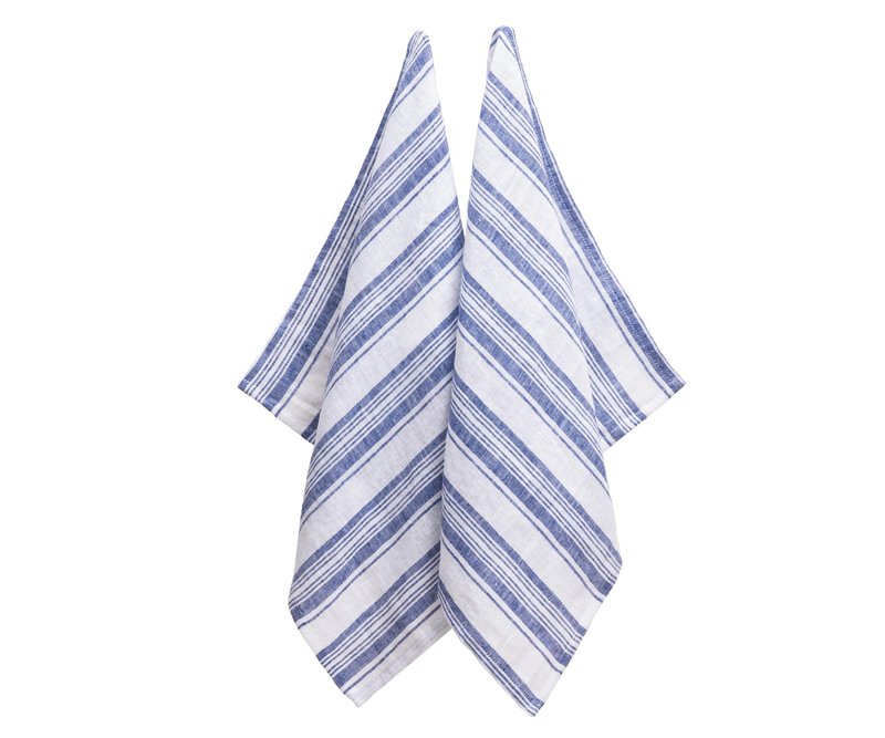 Linen Kitchen Towels, 100% Pure Linen Hand Towel (18 x 28 inches), French Striped Dish Towels for Kitchen, Farmhouse-Style Tea Towel for Washing Dishes, Striped Blue Towel Set of 2