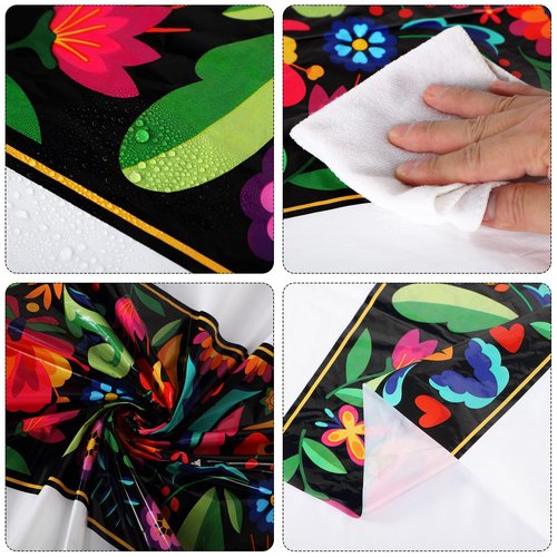 Oudain 12 Pcs Mexican Round Tablecloth 84 Inch Plastic Table Cover Mexican Waterproof Disposable Table Cloth Decorative Day of The Dead Tablecloth (White)