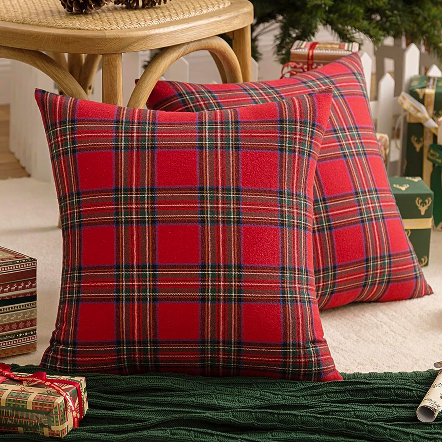 Softalker Christmas Pillow Cover 18x18 Set of 4 - Red Tartan Checkered Throw Pillow Cover, Farmhouse Buffalo Plaid Xmas Decorative Cushion Case for Couch Sofa, Christmas Holiday Decor