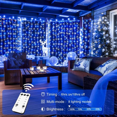 JMEXSUSS 300LED Christmas Curtain Lights - Remote-Controlled Blue & White Fairy Lights | 9.8x9.8ft Indoor/Outdoor Decor