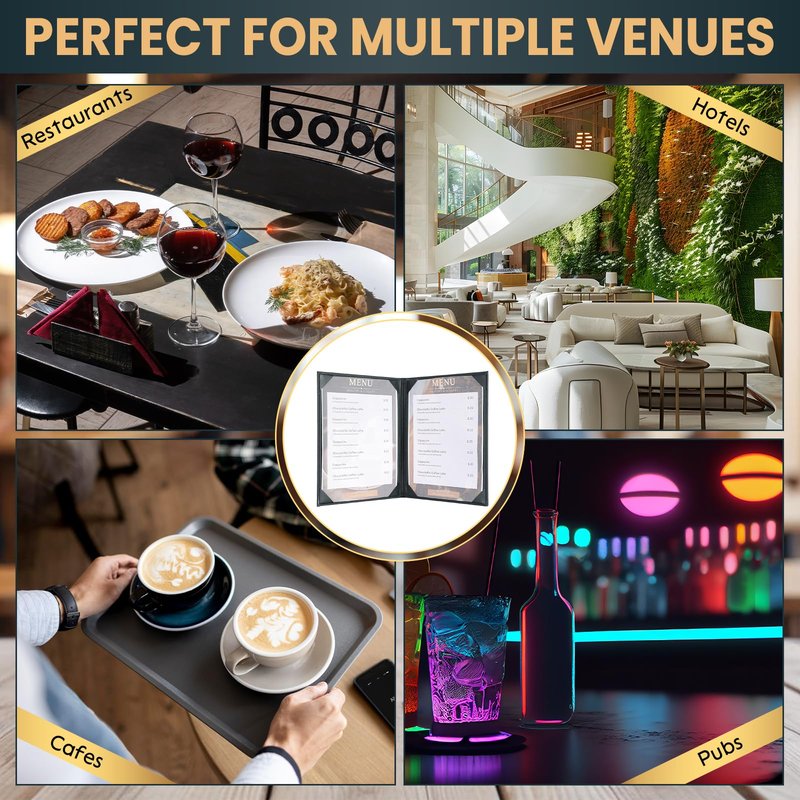 AMGSH Menu Holder 8 View Menu Covers 8.5" x 11" | 5 Pack Black Leather Menu Sleeves Book Style for Restaurant Coffee Bars Wine List (8 View, 5 Pack)
