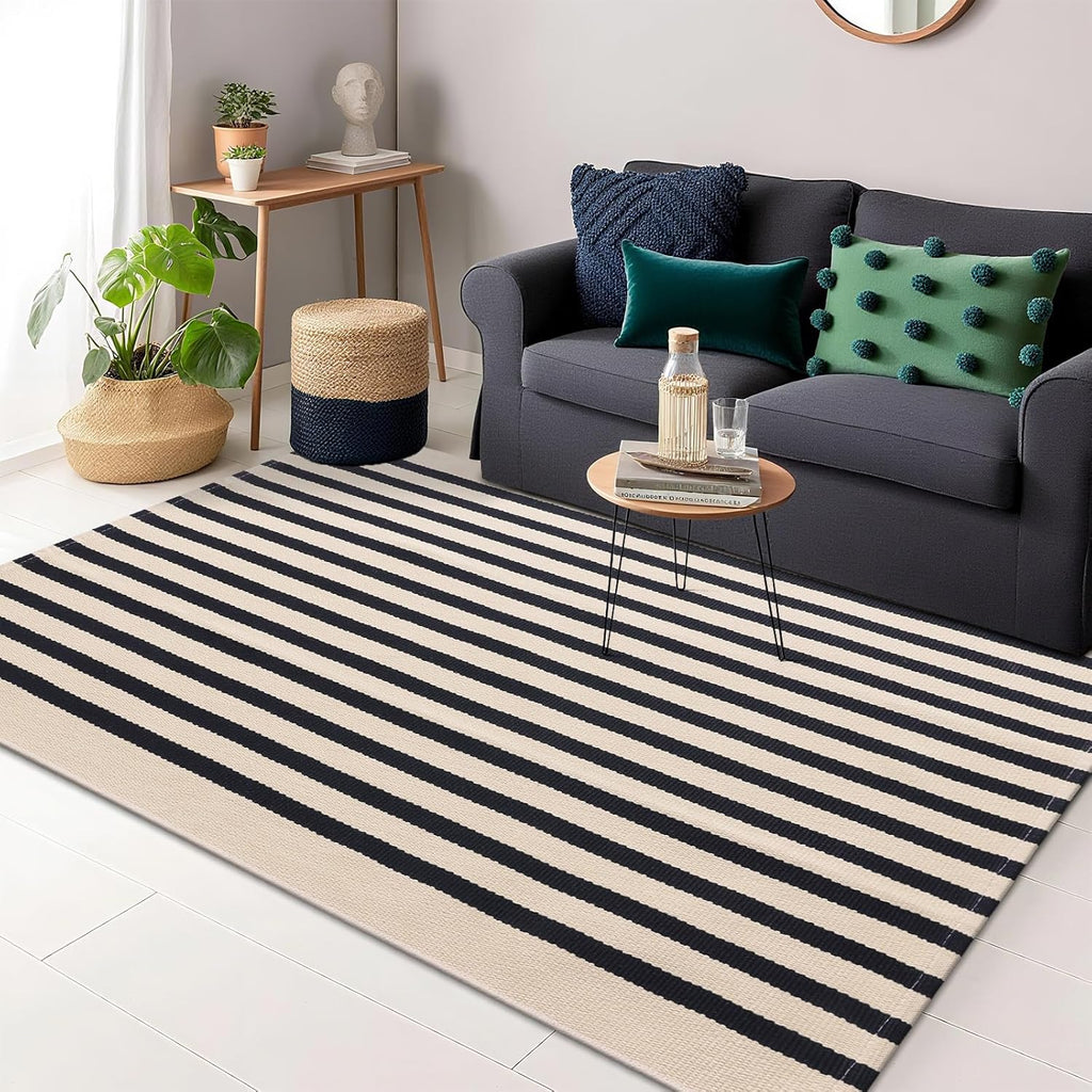 OLANLY Striped Rug - Washable Beige and Black Cotton Doormat 4' x 6' for Indoor/Outdoor Use
