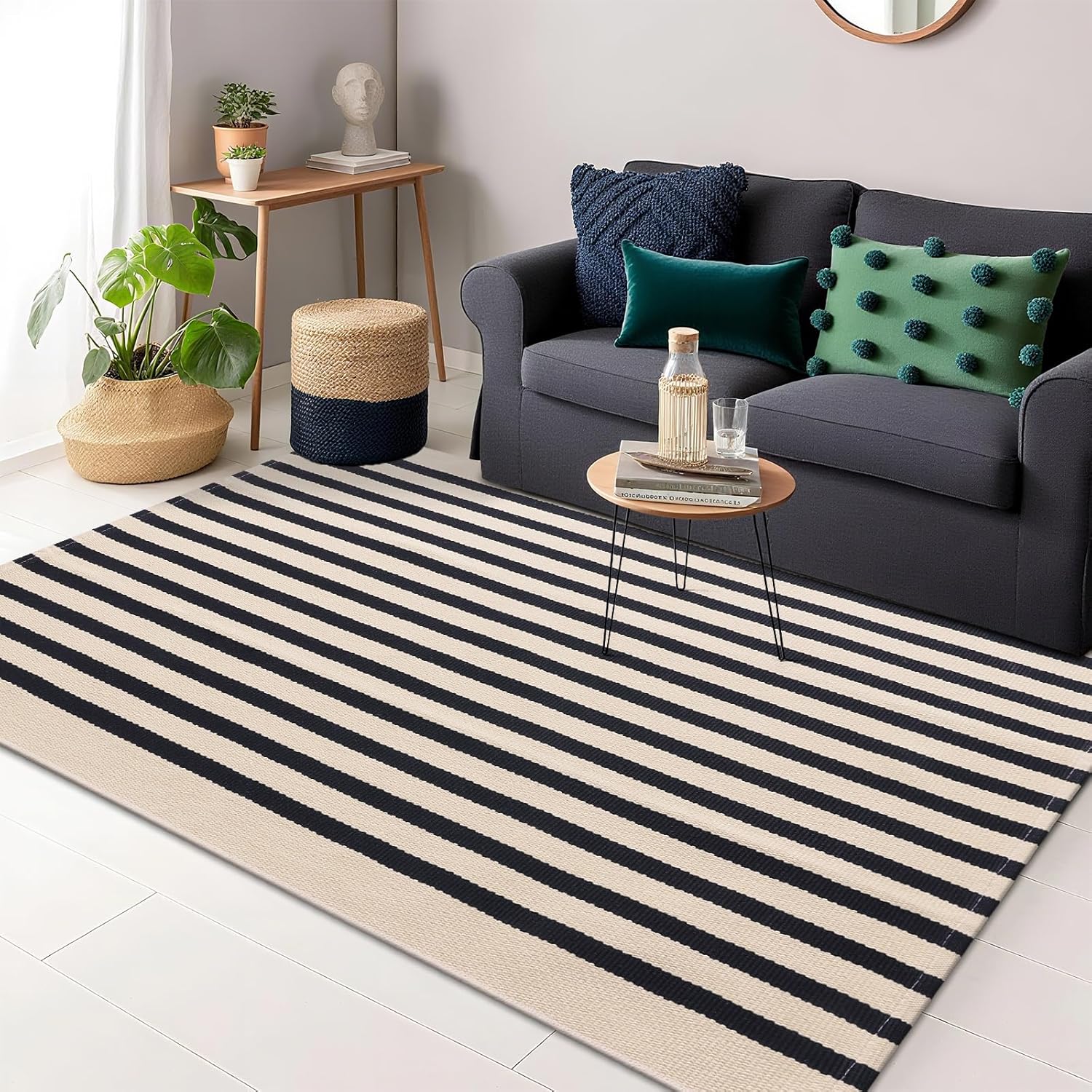 OLANLY Striped Rug - Washable Beige and Black Cotton Doormat 4' x 6' for Indoor/Outdoor Use
