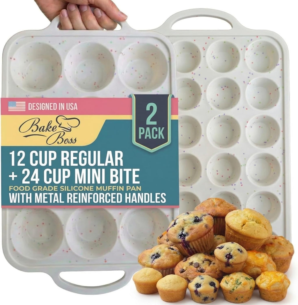 Skiennix Silicone Muffin Pan Set - 2-Pack Regular 12 Cup & Mini 24-Cup - Nonstick, BPA-Free, Dishwasher-Safe, Cream