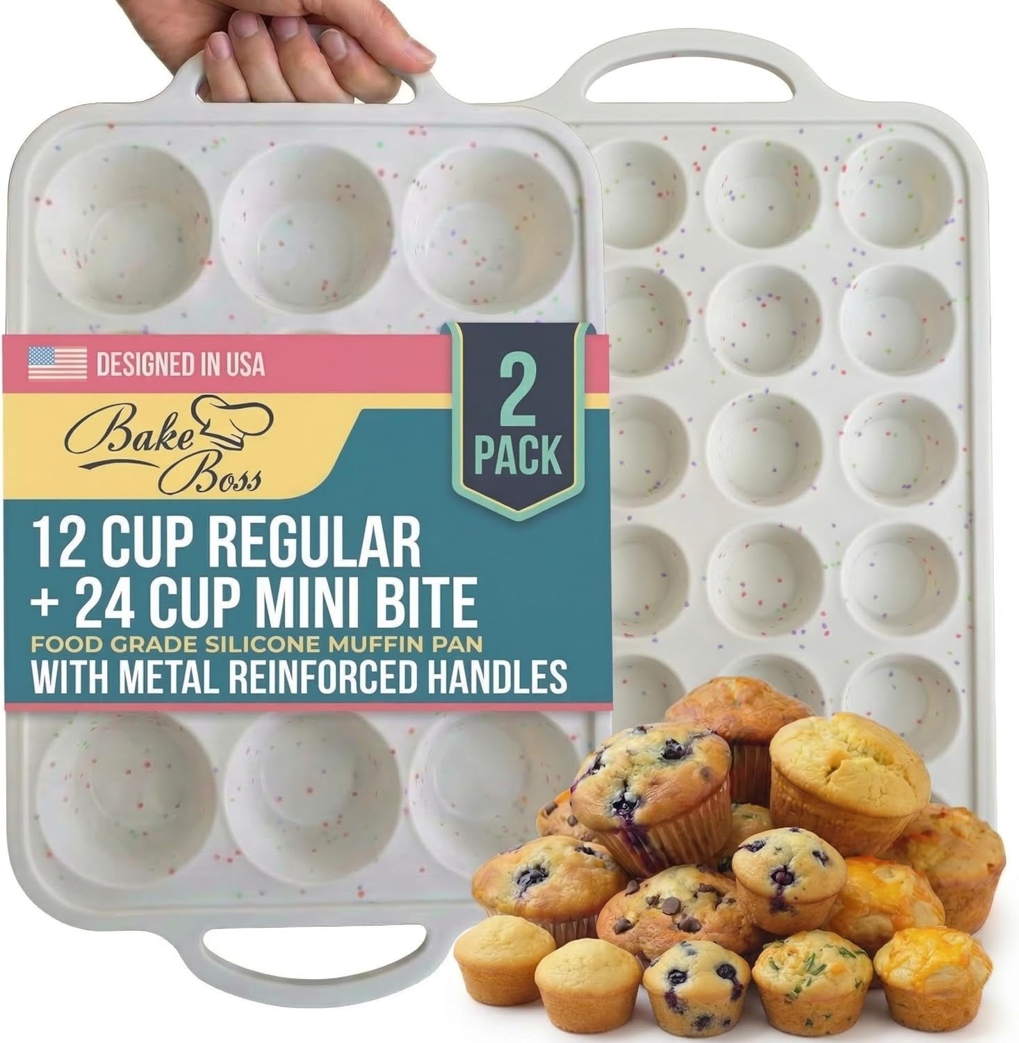 Skiennix Silicone Muffin Pan Set - 2-Pack Regular 12 Cup & Mini 24-Cup - Nonstick, BPA-Free, Dishwasher-Safe, Cream