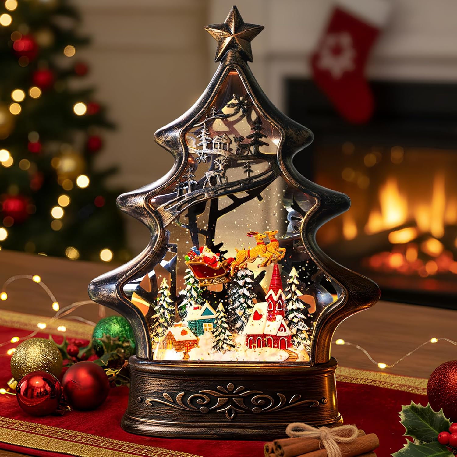 Regine Switzerland Christmas Snow Globe Lantern - Glittering Santa & Deer with Music | USB & Battery Operated
