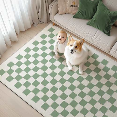 JROSING Washable Checkered Rug, 5x7 Sage Green Checkerboard Modern Foldable Large Area Rugs for Living Room, Low Pile Ultra-Thin Non-Slip Indoor Doormat Carpet for Playroom Classroom Office Bedroom