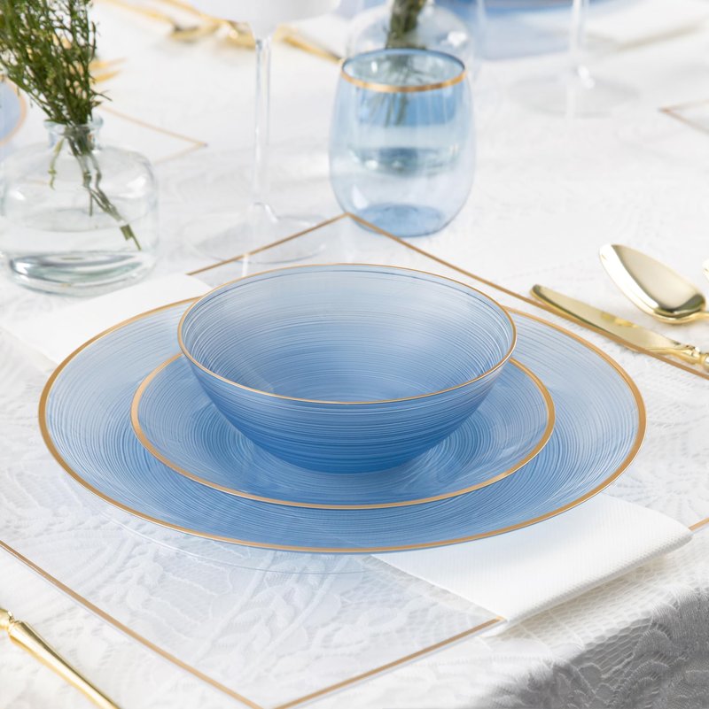 PLASTICPRO 128 Pieces Crystal Design Plastic Plates Combo Pack 7 inch and 10 inch Gold Rim Elegant Disposable Plates, Transparent Blue