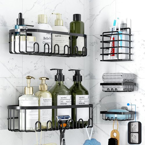 GearFusion Shower Caddy - Rustproof Stainless Steel Bathroom Organizer with 18 Hooks & Soap Holder | 5 Pack