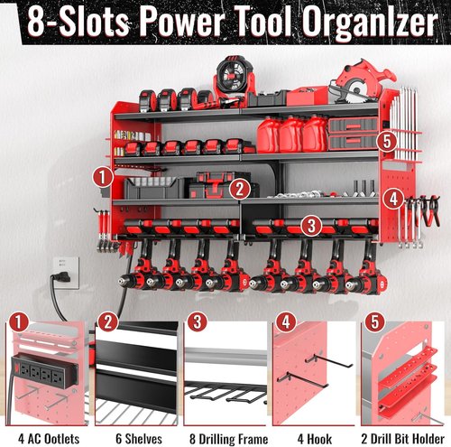 Large Power Tool Organizer by [Brand Name] - Heavy Duty Wall Mount with Charging Station & 8 Drill Holders | Red