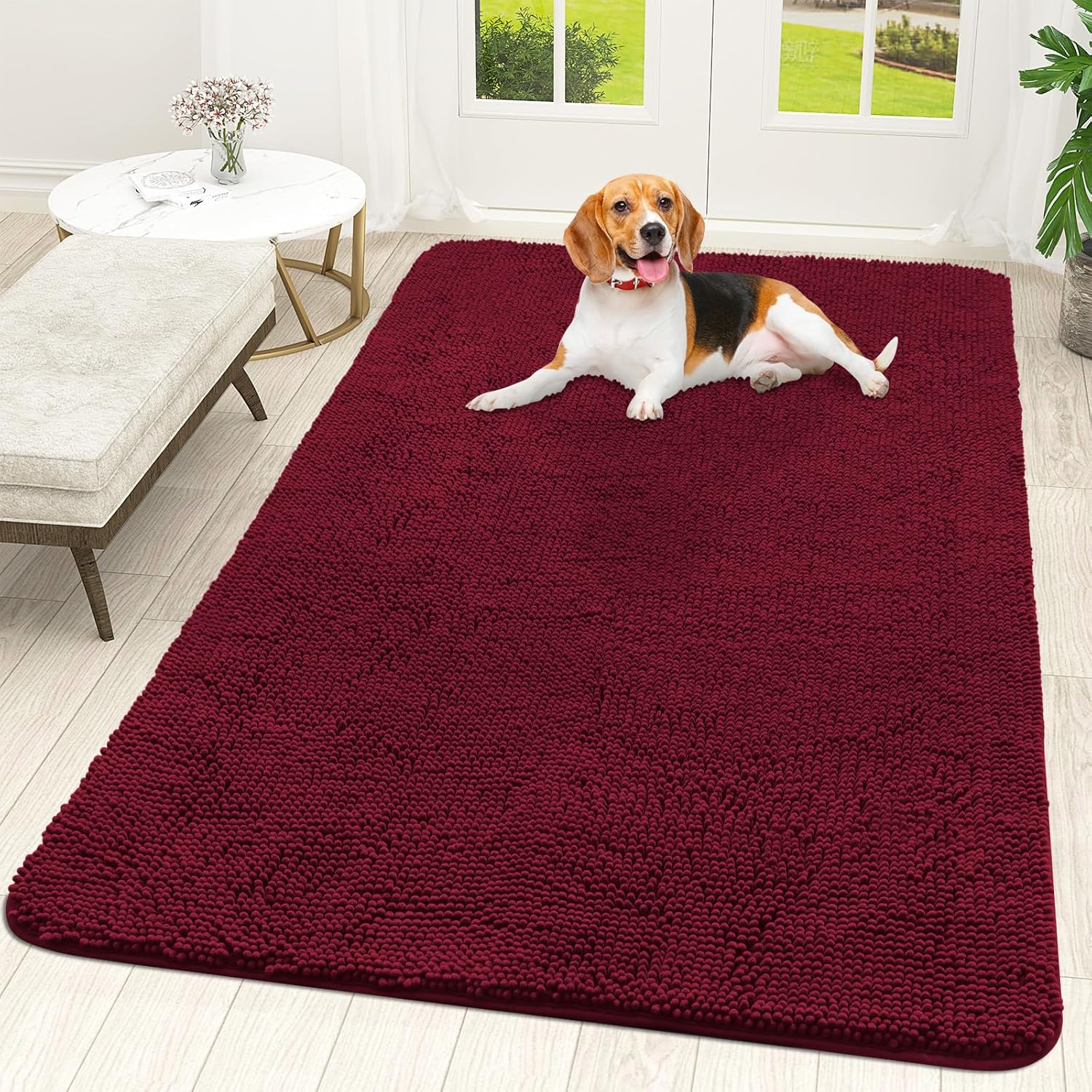OLANLY Dog Door Mat - Absorbent Non-Slip Chenille Mud Mat for Muddy Paws | 70x46, Burgundy