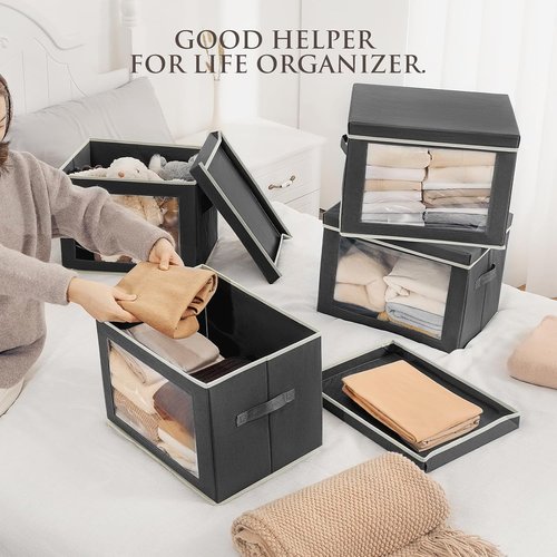 Homsorout Stackable Storage Bins - Large Foldable Closet Organizers with Lids, 6-Pack in Dark Grey