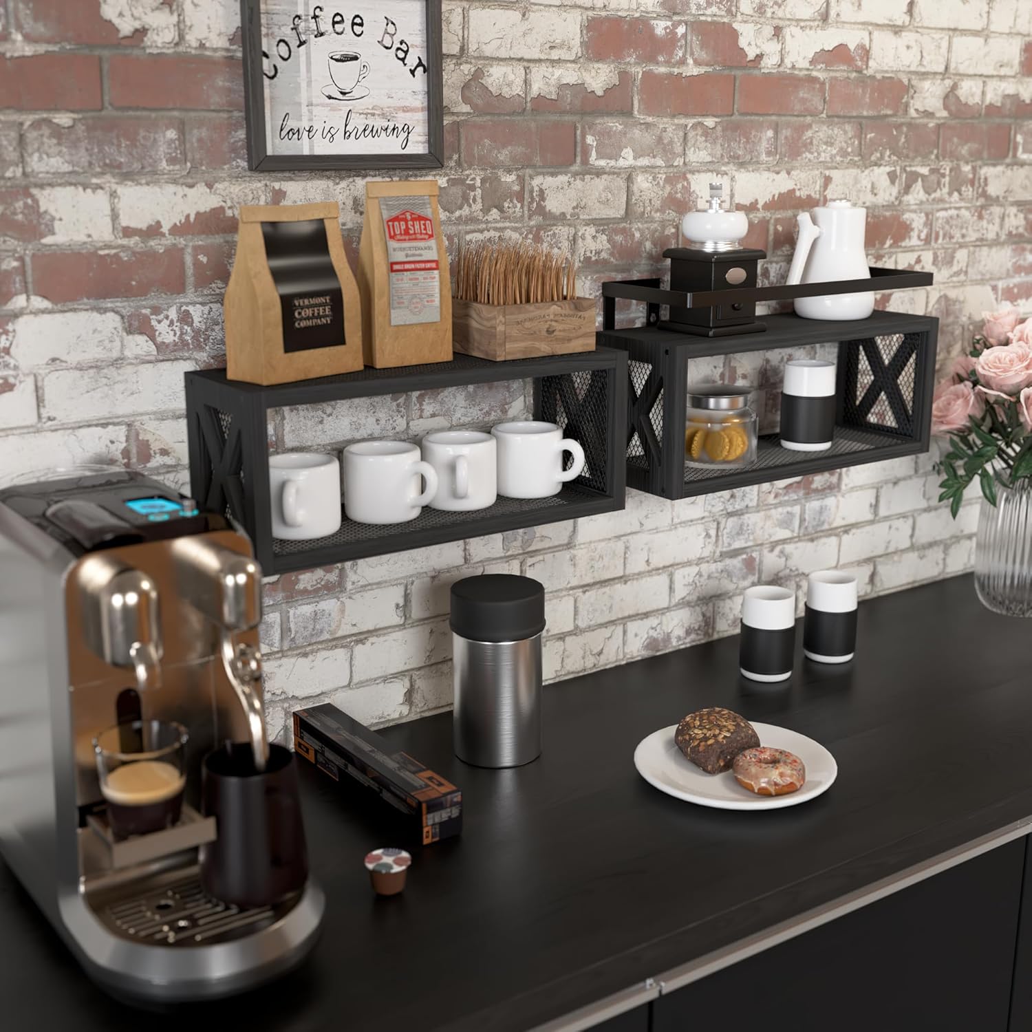 RICHER HOUSE Floating Shelves - Rustic Wood Wall Décor with Guardrail | Versatile Organizer for Bathroom, Kitchen, Living Room - Black