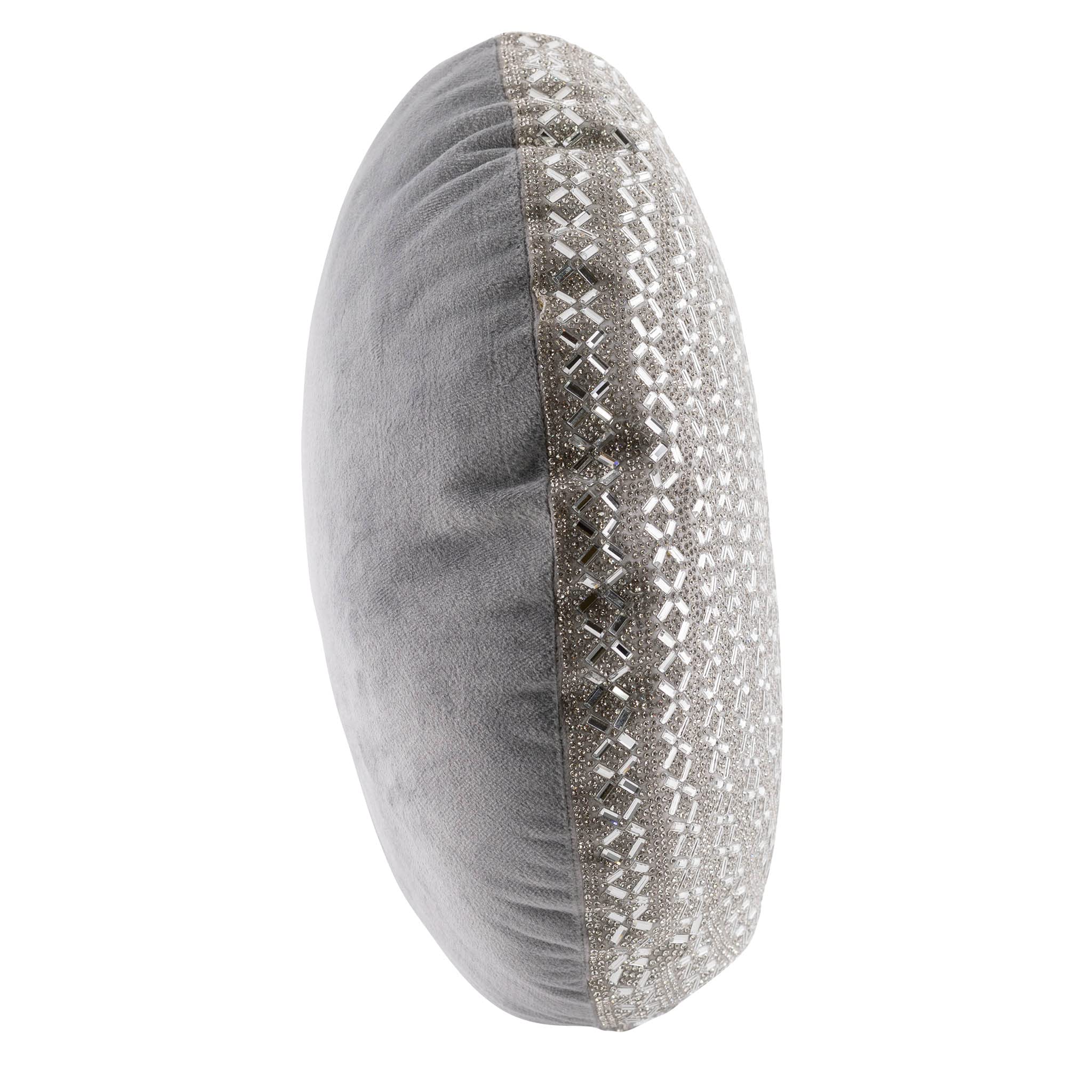 Madison Avenue Round Pillow, Sparkling Stones, Soft Velvet Backing, for Exquisite Home Decor, Silver, 15", Sold Individually