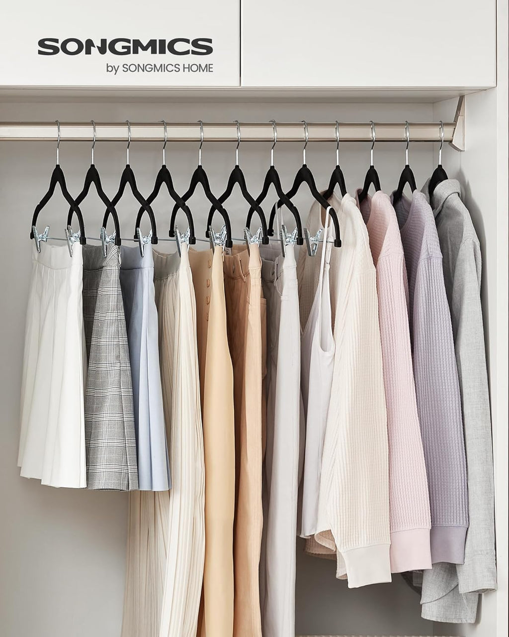 SONGMICS Velvet Pants Hangers - 50-Pack Adjustable Clips, Heavy-Duty, Non-Slip, Space-Saving, Black