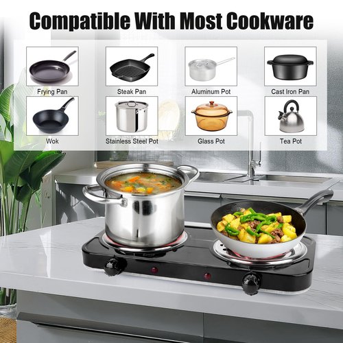 TeqHome Double Hot Plate, 2000W Portable Countertop Burner & Electric Stove, 5-Level Temp Cast Iron Double Burner Cooktop for Home/RV/Camping (Black)