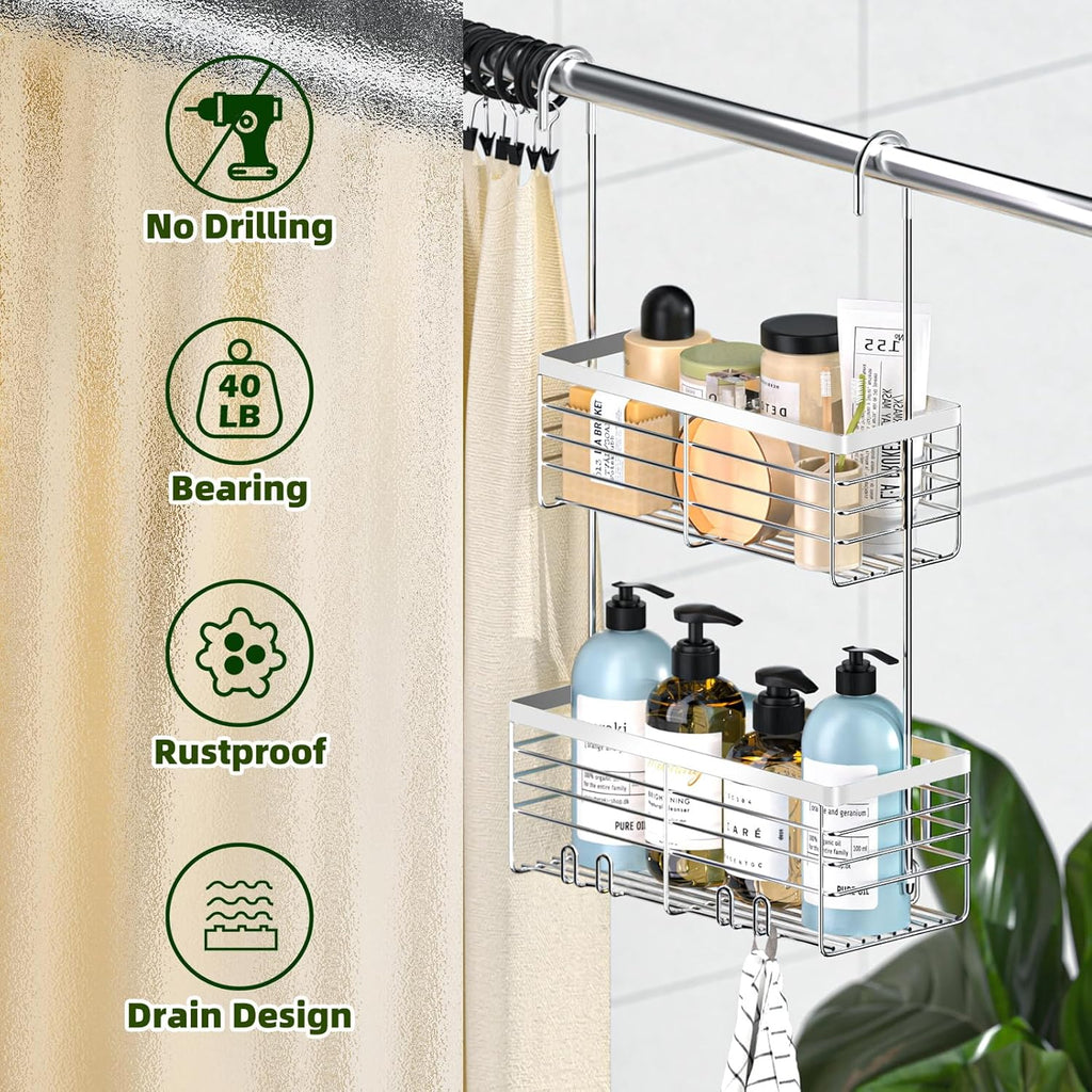 YUOROS Shower Caddy - 2-Tier Over The Door Organizer Rack | Rustproof 304 Stainless Steel, Silver