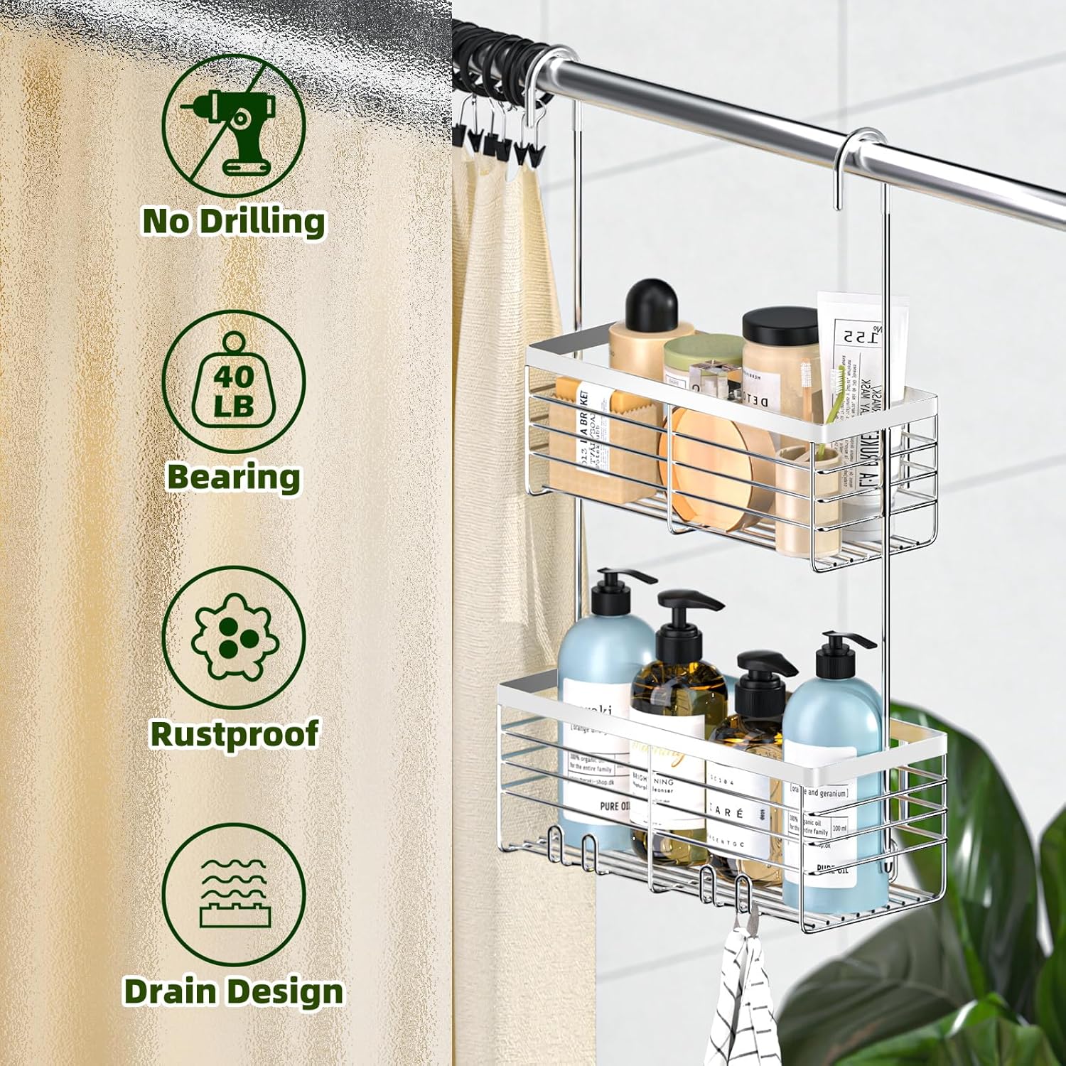 YUOROS Shower Caddy - 2-Tier Over The Door Organizer Rack | Rustproof 304 Stainless Steel, Silver