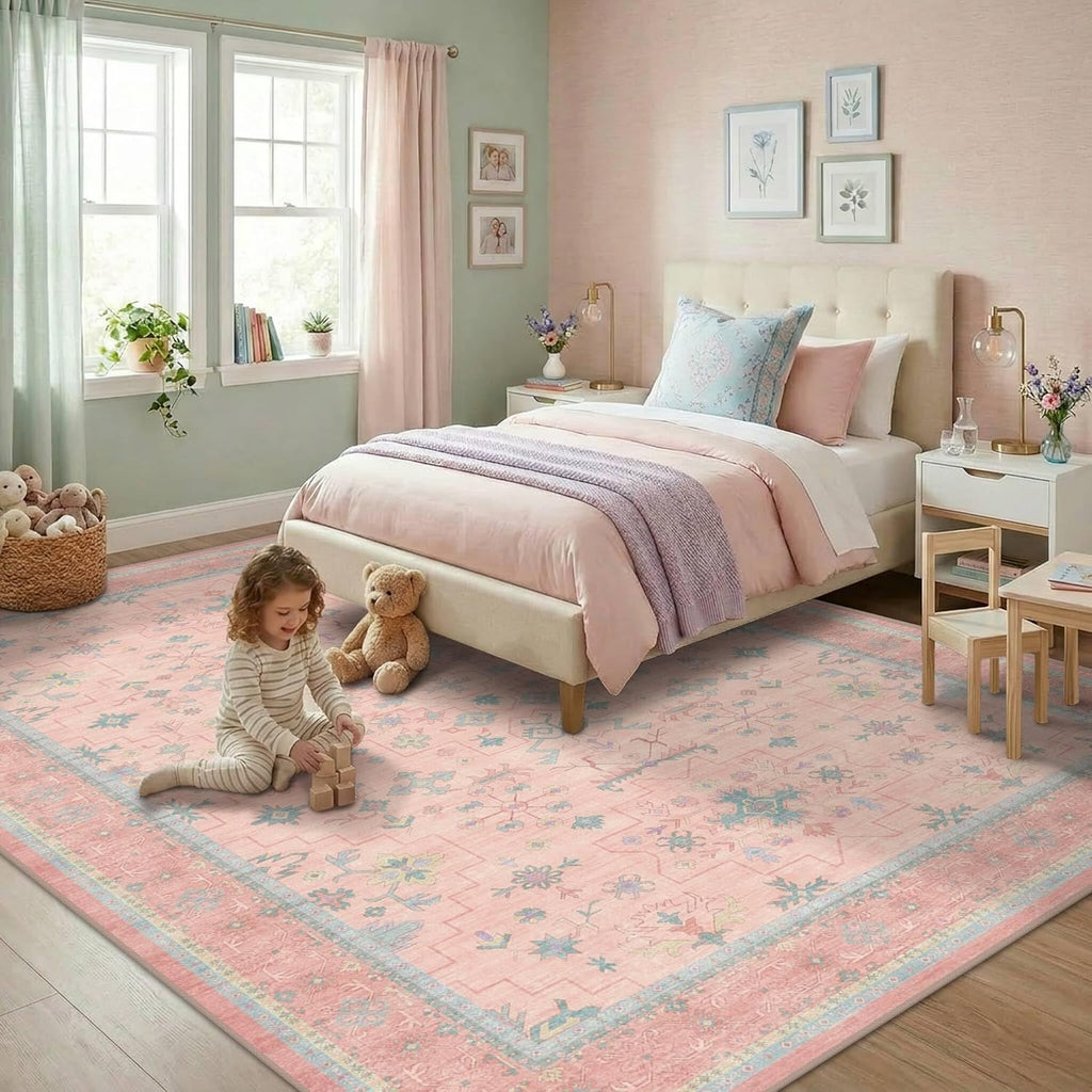 Skiennix Boho Area Rug - Washable Pink & Blue Floral Design | 6x8 Soft Non-Slip Carpet for Kids' Rooms