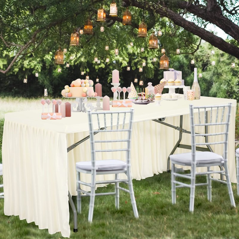 Suppromo Spandex Ivory Table Clothes for 6 ft Rectangle Tables, Wrinkle Free Fitted Tablecloths 6ft Stretchy Ruffle Table Cloth for Parties Weddings Birthday Banquet Baby Shower
