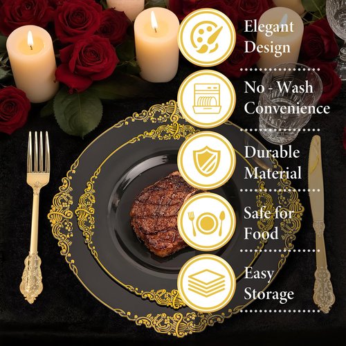 Nervure 100PCS Black Gold Plastic Plates - 7.5 inch Black Plastic Plates with Gold Rim - Disposable Dessert Plates for Wedding & Party