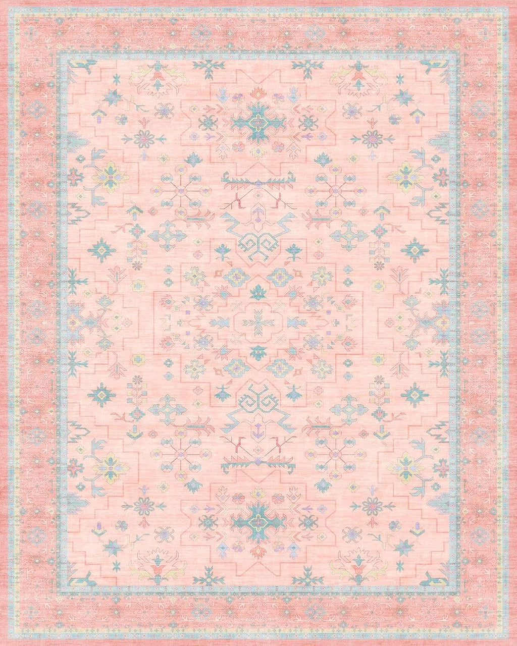 Oushak Rugs | Washable Pink & Blue 9x12 Area Rug - Soft Faux Wool, Modern Floral Design, Non-Slip